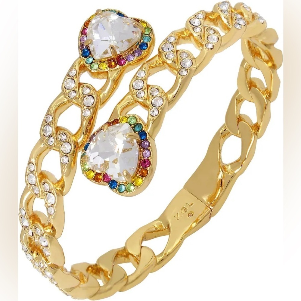 Kurt Geiger London Gold-Ton with Rainbow Crystal Heart Accents Bangle Bracelet - Picture 3 of 12